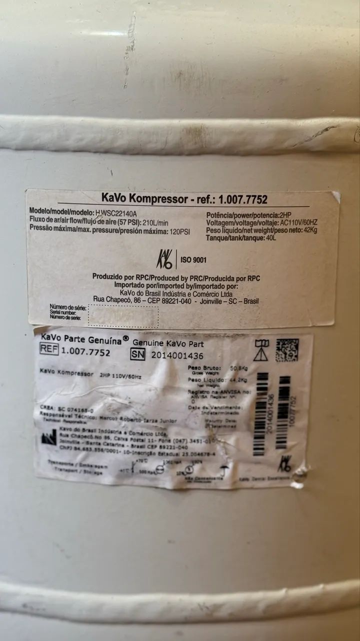 Compressor odontológico KaVo 2HP - 40 Litros