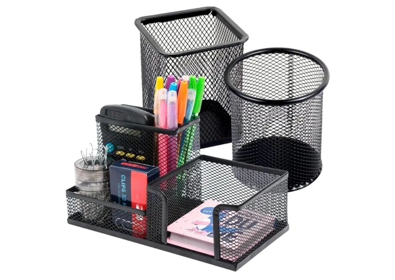 Porta caneta organizador para mesa de escritório, com 5 divisórias de metal aramado