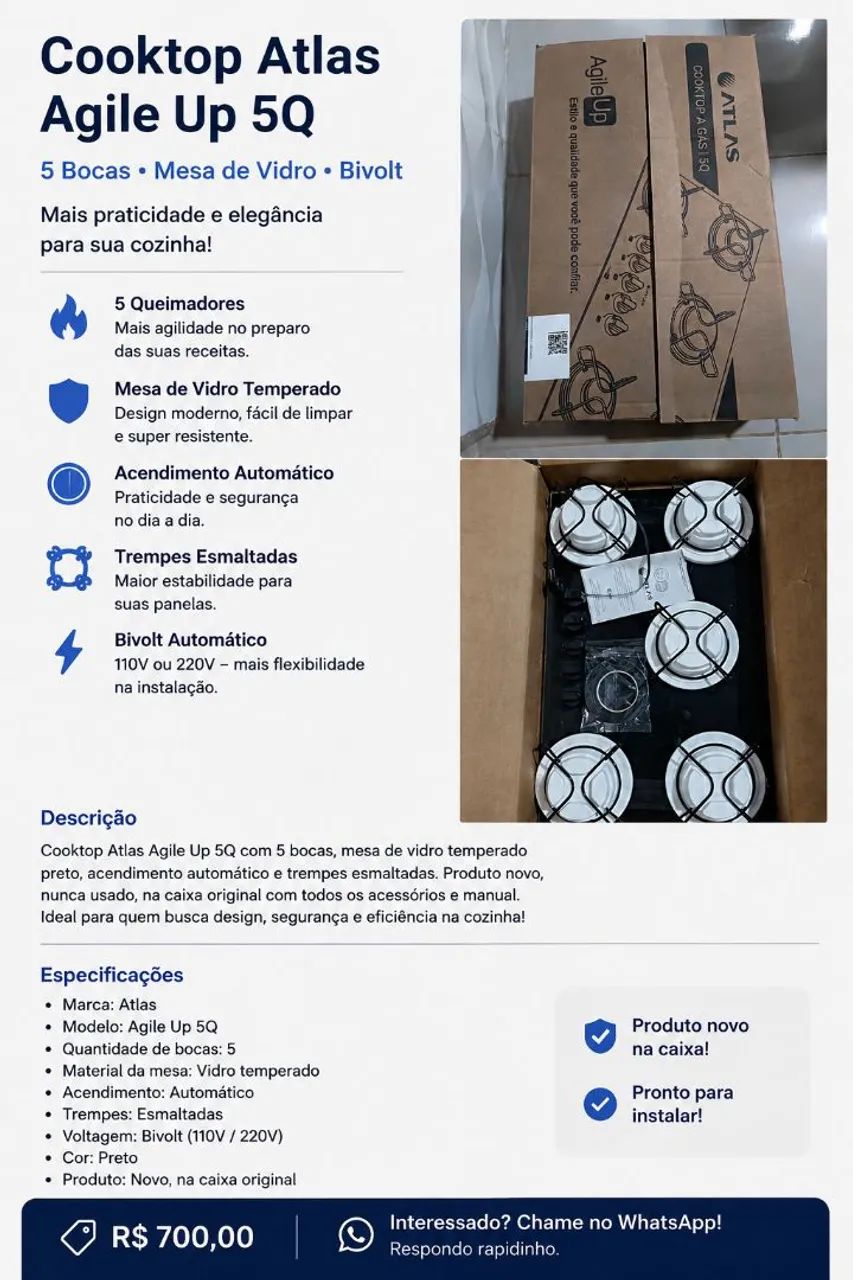Fogão Cooktop cinco bocas