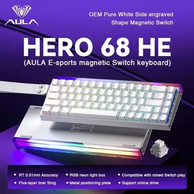 [Novo] Teclado Magnético AULA Hero 68HE Branco, 8K, Rapid Trigger, RGB, Hot Swap, PC, OEM 