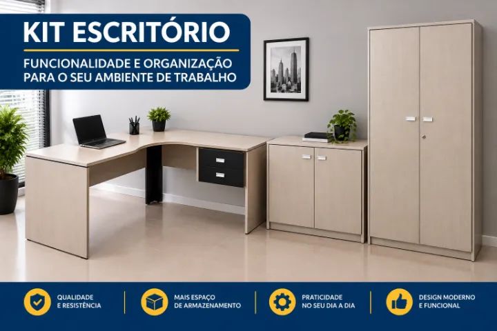 Mesa de escritório em L com 2 armários