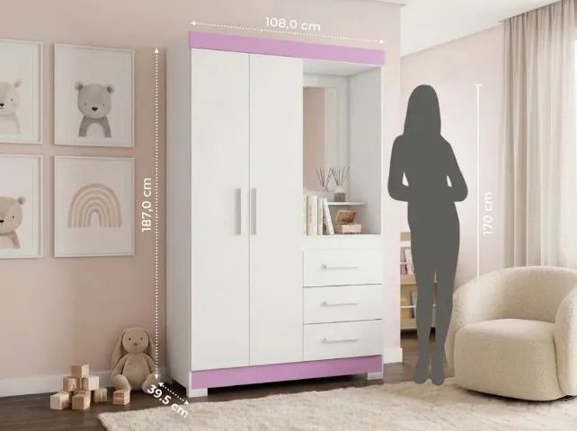 Guarda Roupa Solteiro Rosa com Espelho - FRETE E MONTAGEM GRÁTIS! - Foto 3