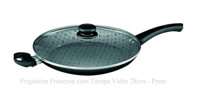 Frigideira Francesa Antiaderente 28cm Preta Maximum Com Alça e Tampa de Vidro Panelux