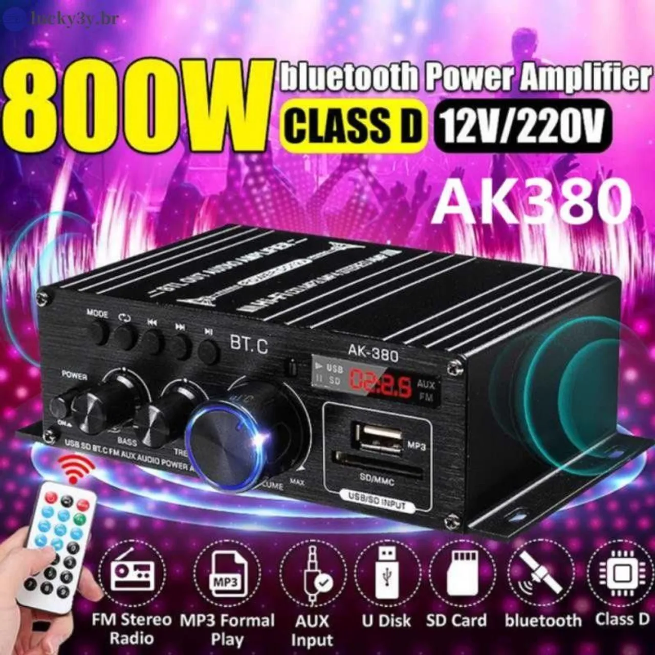 Ak 380 Amplificador De Potência De Áudio 400w + 400w-2.0 Ch/USb/Bluetooth 5.0 +controle