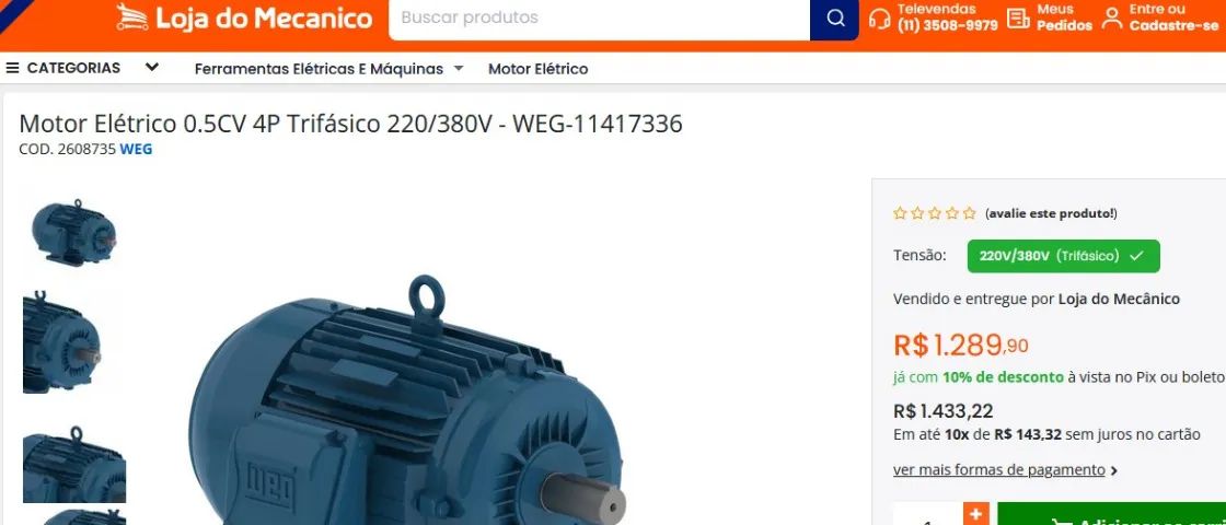 Motor Elétrico 0.5CV 4P Trifásico 220/380V - WEG-11417336 - Foto 5