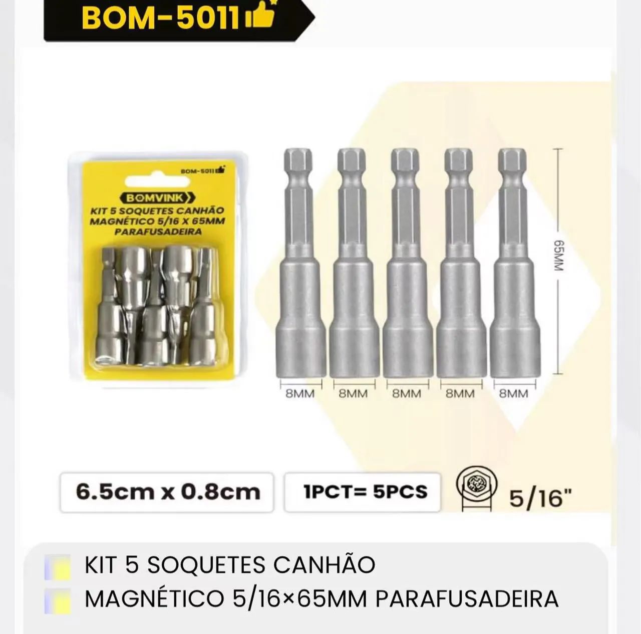 Kit 5 socket canhão para parafusadeira