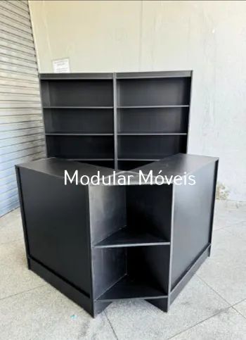 Balcão Caixa em L + Balcão Atendimento + 2 Estantes Prateleiras - MDF Preto