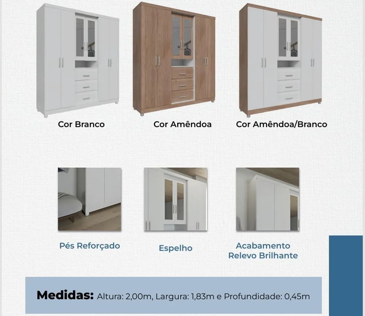 GUARDA ROUPA CASAL COM ESPELHO 100% MDF - Foto 3