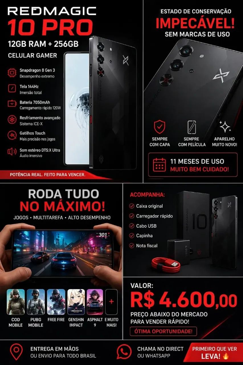 Redmagic 10 Pro Smartphone 12 RAM 256gb Celular Gamer Preto