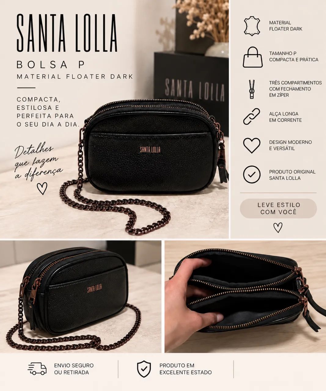 Bolsa Santa Lolla Preta P Material Floater Dark com Alça Corrente