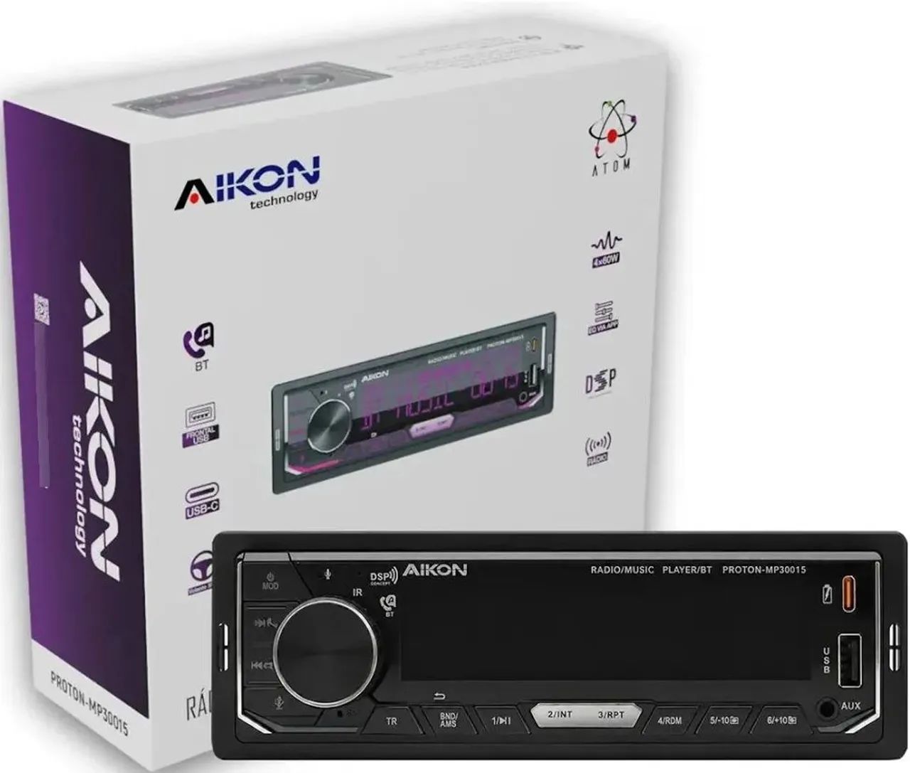 Rádio Aikon com bluetooth, usb e entrada tipo C