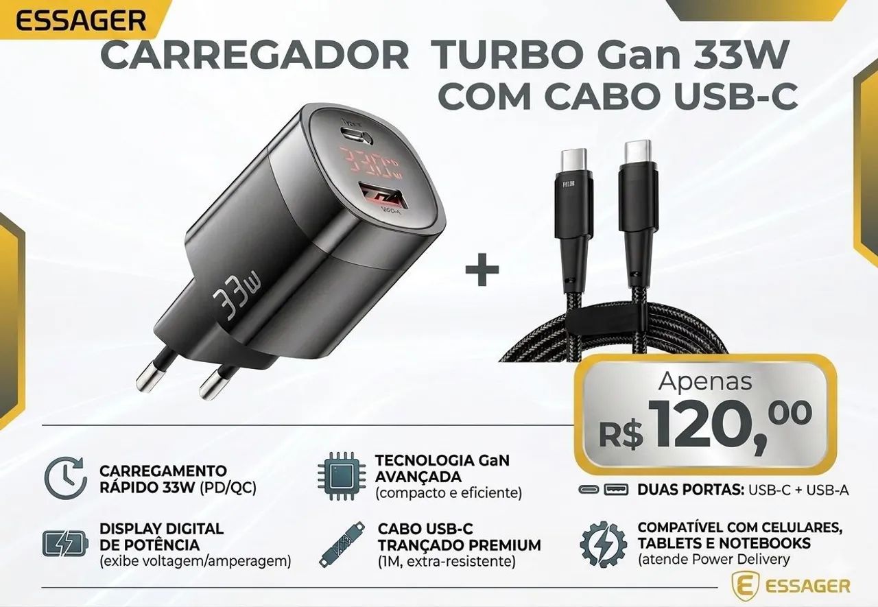 Carregador 33W Com Display Essager Com Cabo (Original e Lacrado)