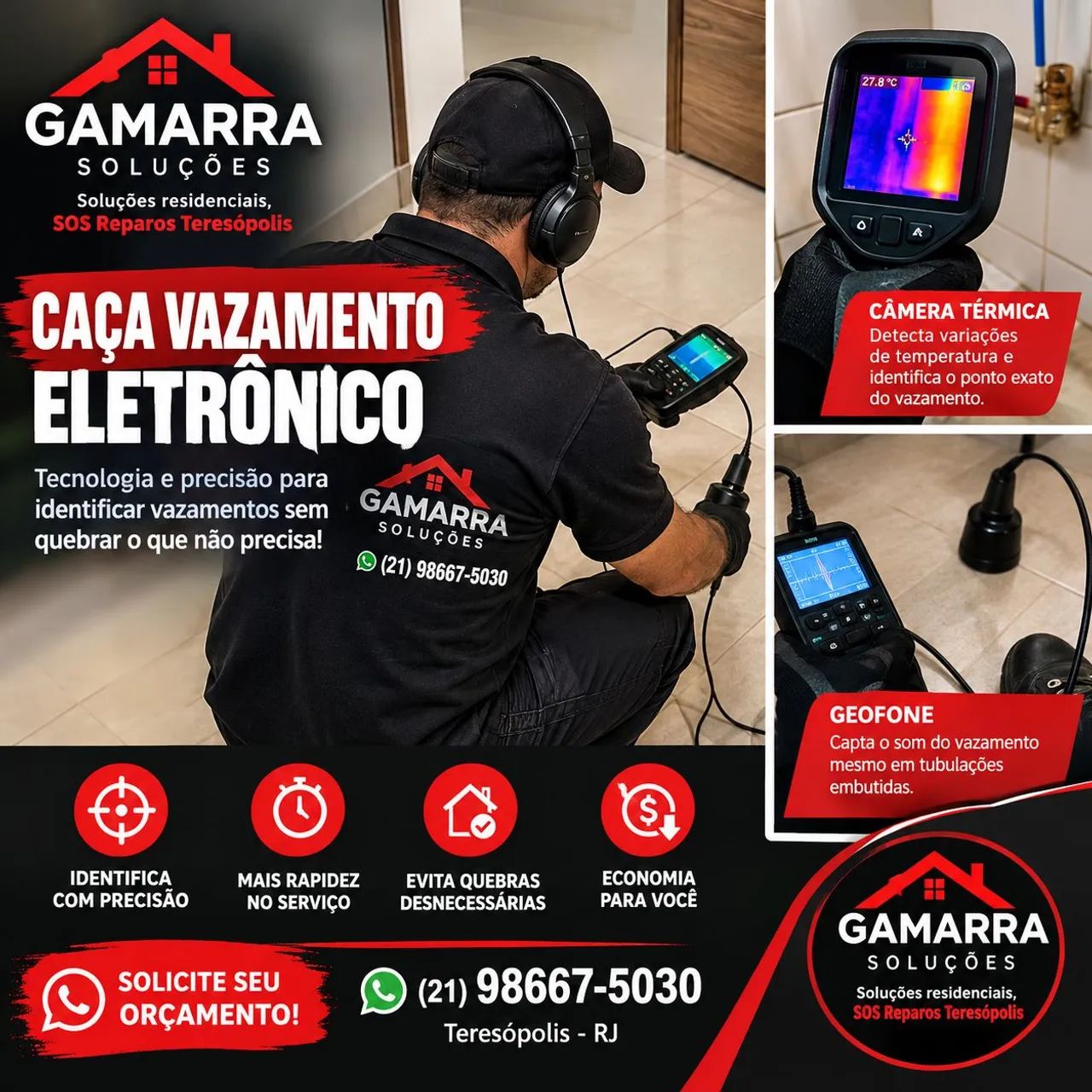 Caça Vazamento Eletrônico | Geofone e Câmera Térmica | Teresópolis