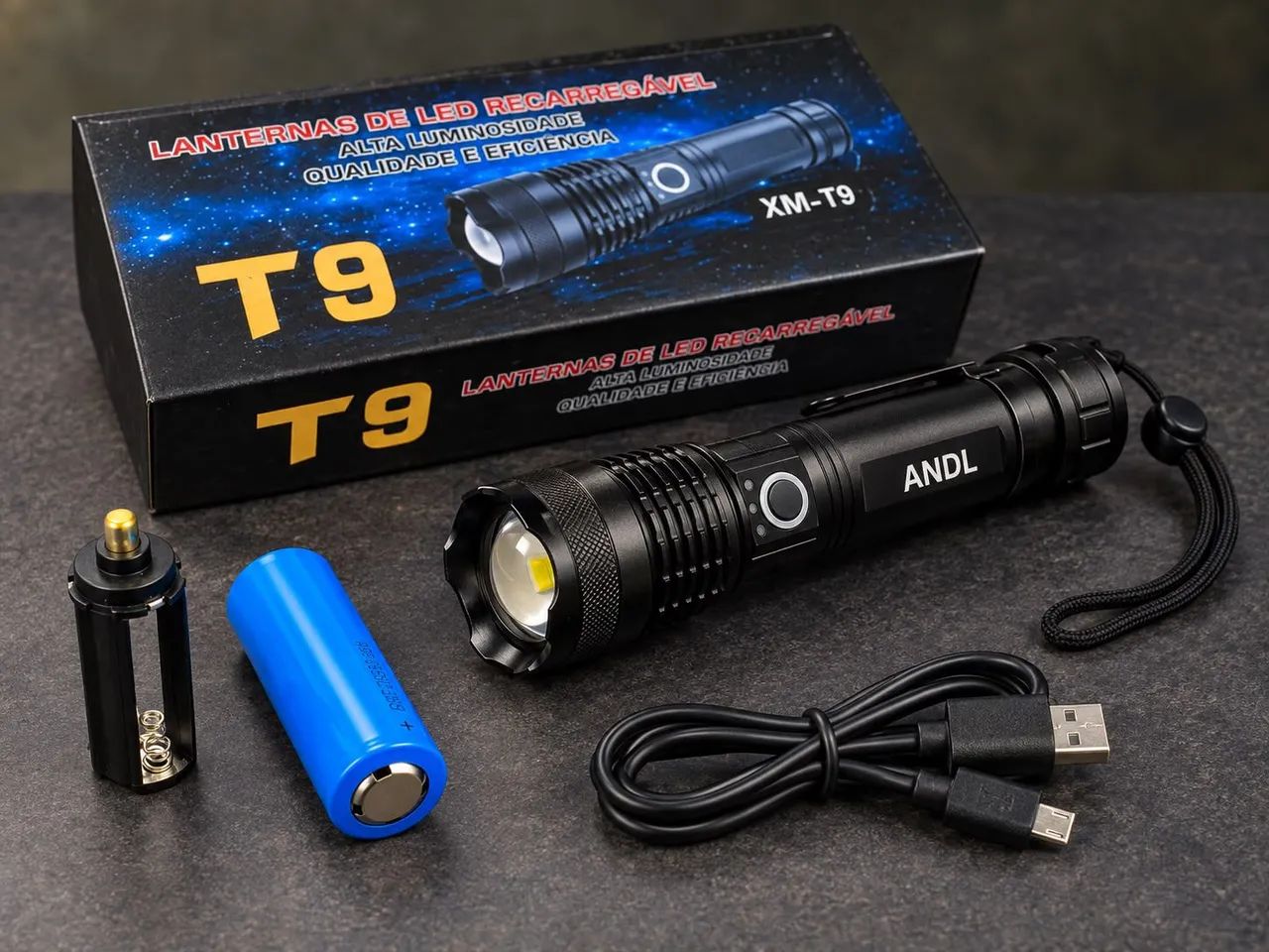 Lanterna Tática Recarregável LED T9 com Zoom e Bateria - Foto 5
