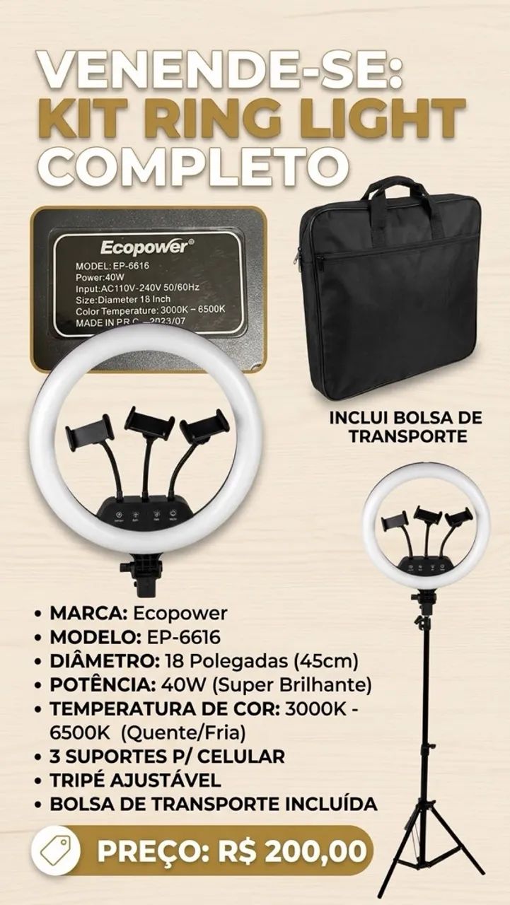 Ring Light Profissional Ecopower 18" + Tripé e Bolsa