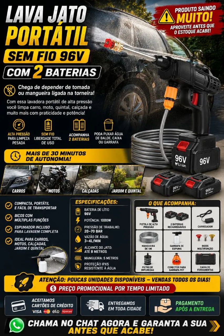 LAVA JATO PORTÁTIL SEM FIO 96V COM 2 BATERIAS - Eletroportáteis