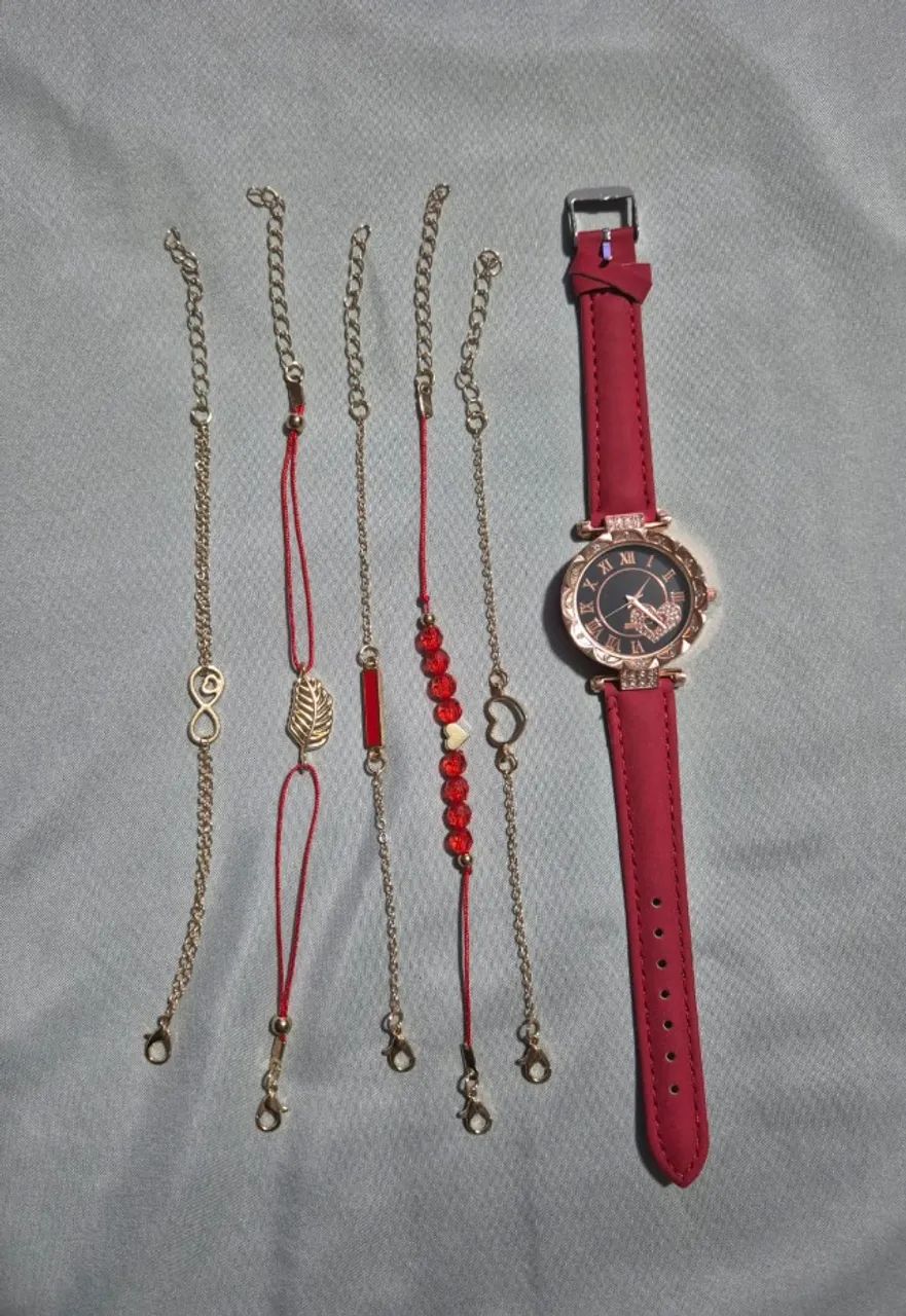 Kit relógio vermelho + pulseiras - Foto 2