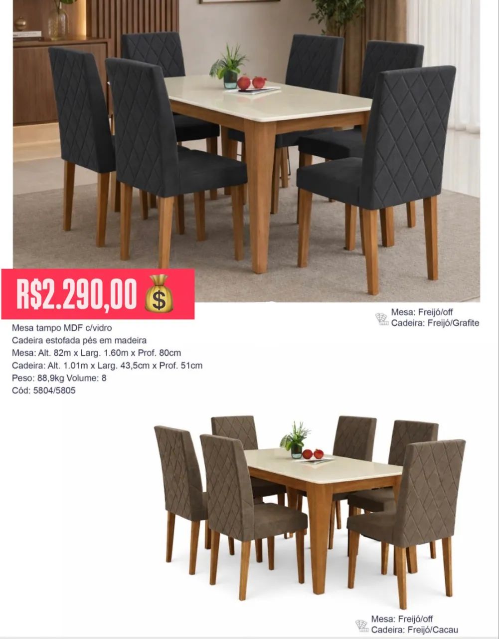 Mesa de Jantar 6/Cadeiras Tampo com vidro