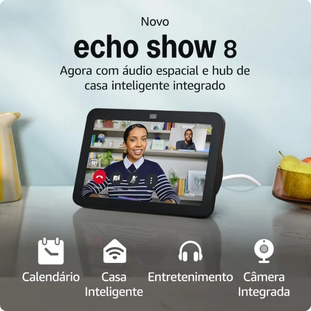 Novo Echo Show 8 (Última geração) | Audio espacial | Hub Casa Inteligente | Alexa | Preta
