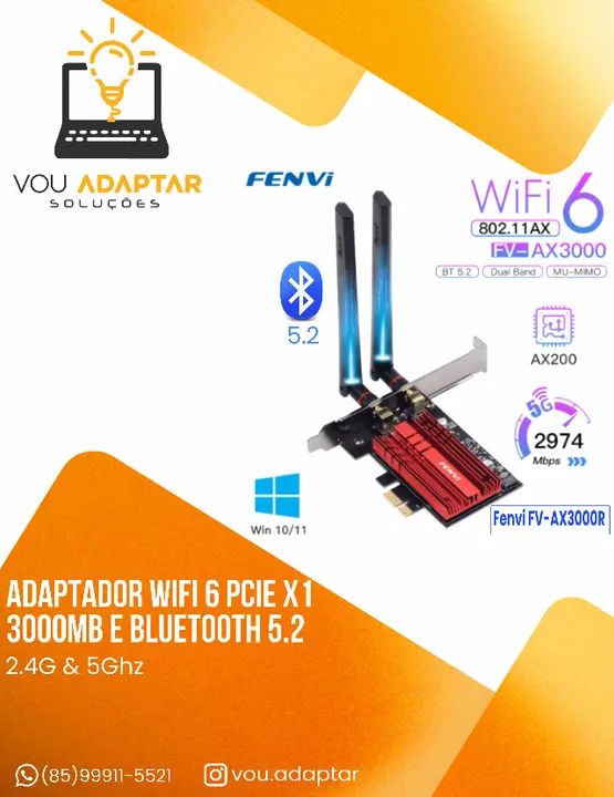 Adaptador Wifi 6 Intel Ax-3000R Dual Band 5ghz Bluetooth 5.2 wireless