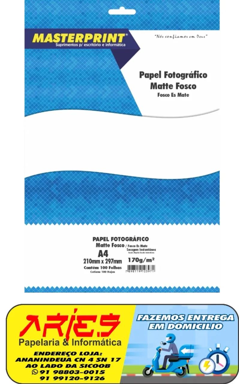 PAPEL FOTO MATTE FOSCO MASTERPRINT A4 100 FOLHAS 170G