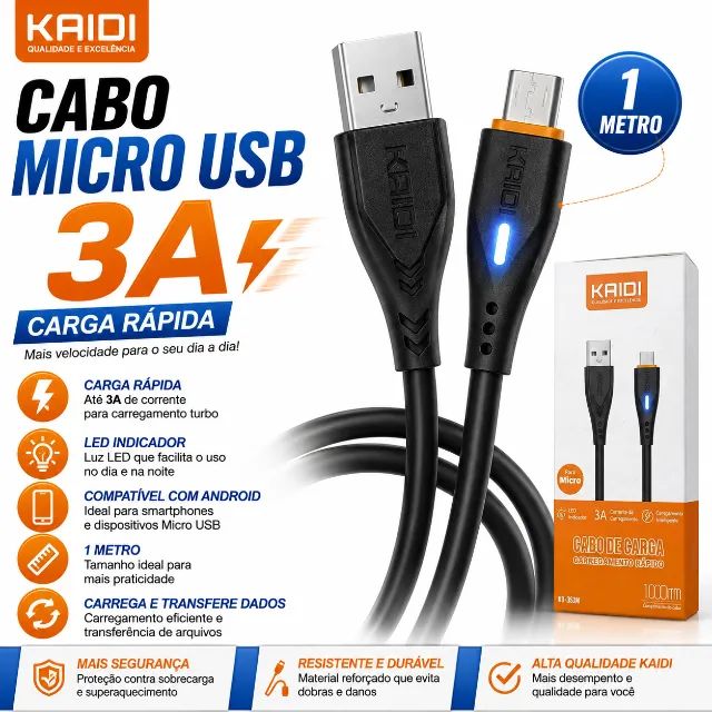 Cabo de Carga Rápida KAIDI Micro USB 3A com LED - 1 Metro