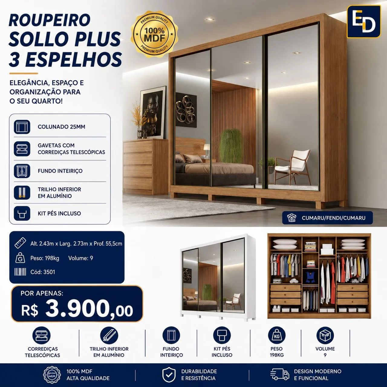 Roupeiro Sollo Plus c/ 03 espelhos e pés<br>