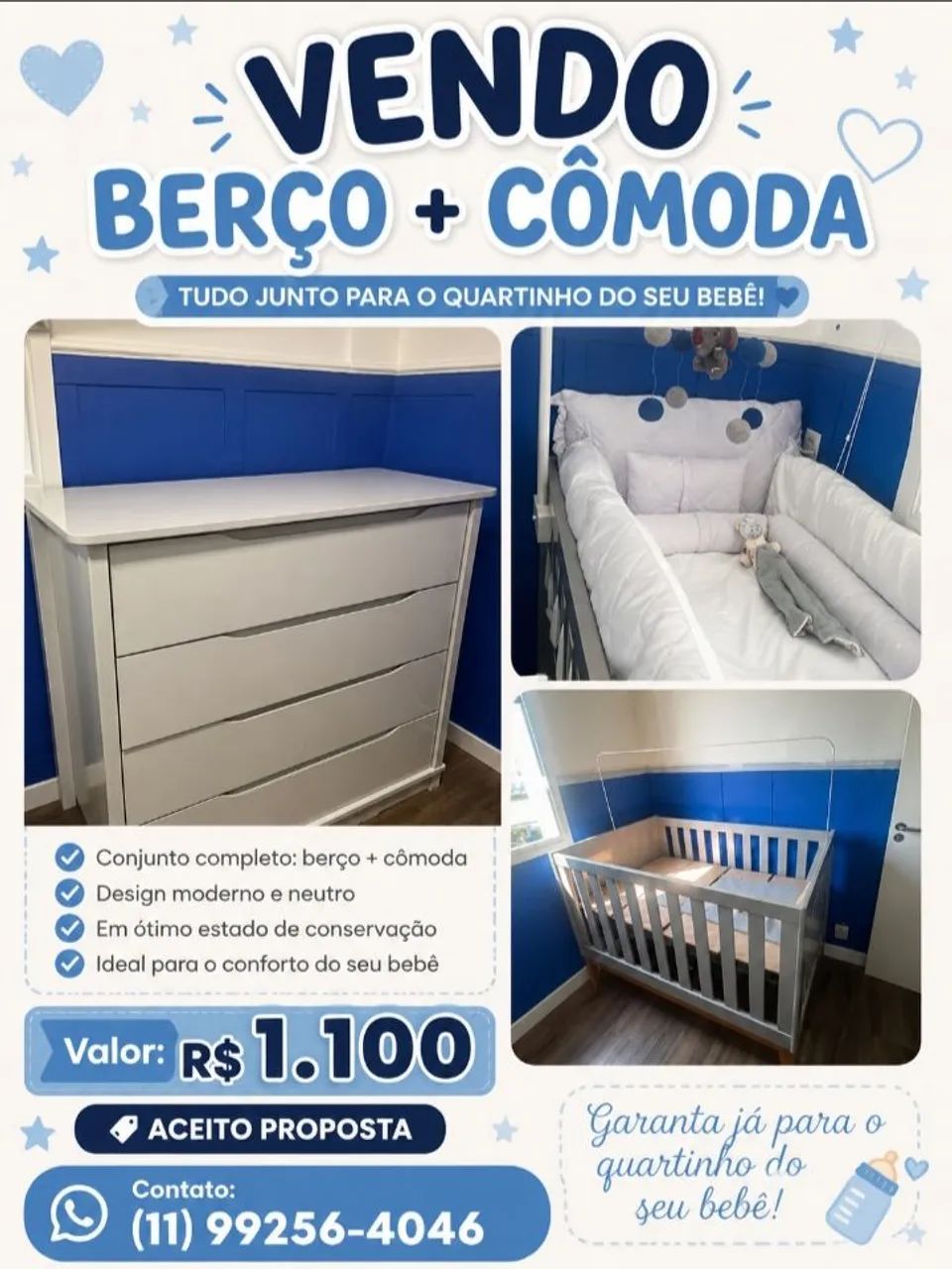 Kit cômoda+berço semi-novo branco mdf