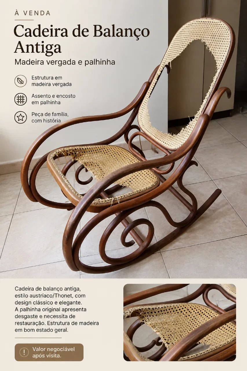 Cadeira de Balanço Antiga, estilo Thonet - Foto 2
