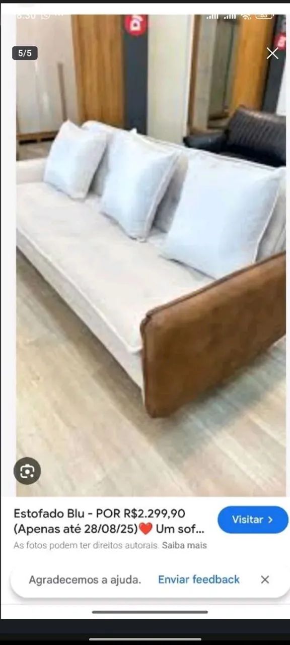 Sofá Premium em couro marrom e linho cinza, 4 lugares, pés de madeira maciça  - Foto 3