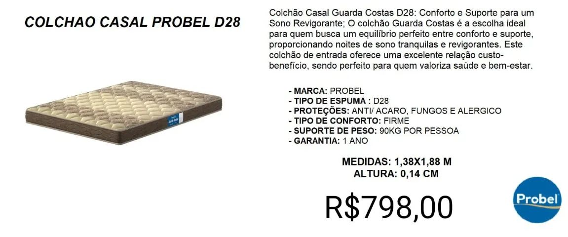 COLCHÃO CASAL PROBEL D28 A PRONTA-ENTREGA