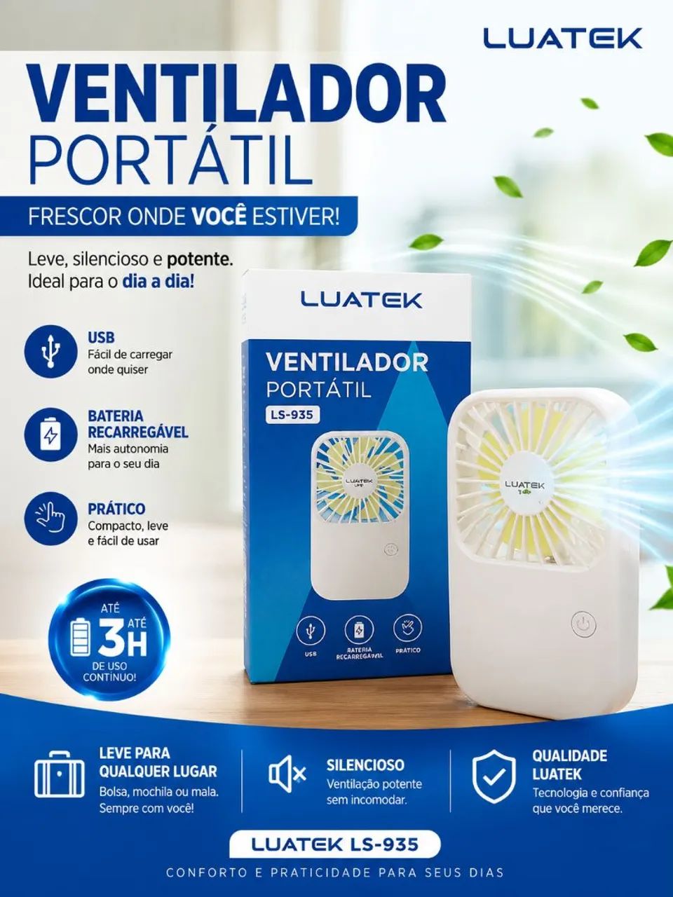 "Frescor na palma da sua mão! Compacto, silencioso e recarregável via USB !"