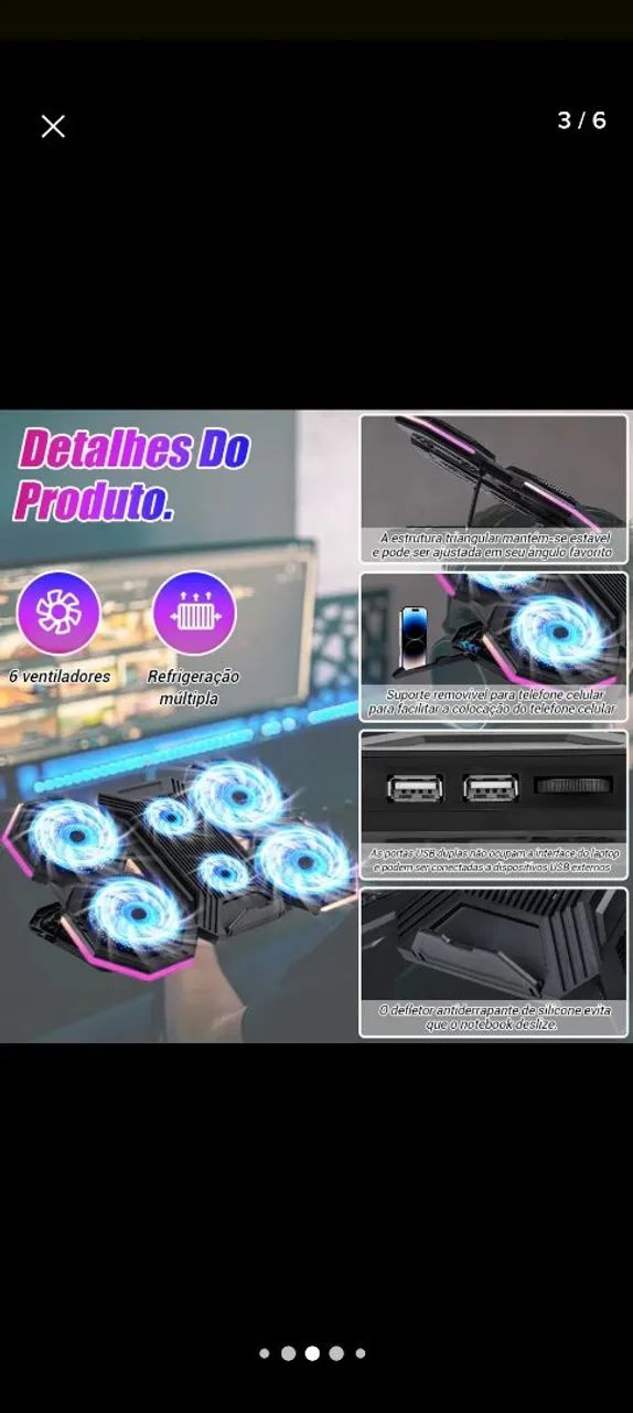 SUPORTE NOTEBOOK COLLER RGB COM 6 FANS E COLLER CELULAR PRETO  - Foto 5