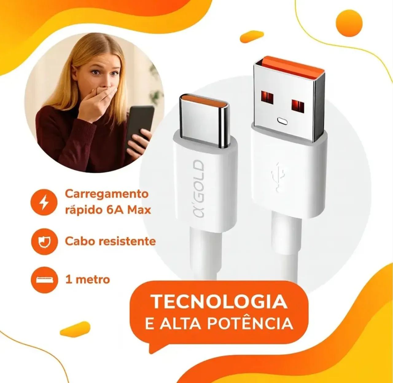 Cabo a'GOLD USB-A para USB-C 6A