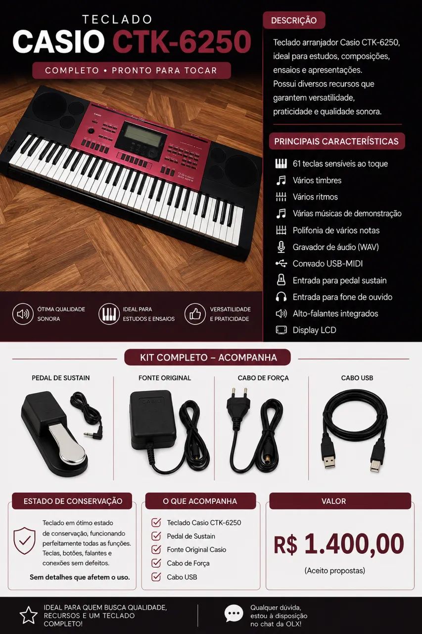 Teclado Casio CTK-6250 Completo 