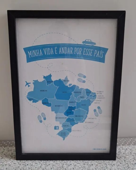 Quadro Decorativo Mapa Brasil com Moldura e Vidro para Marcar Viagens