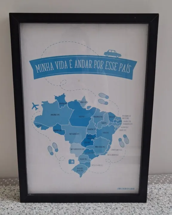 Quadro Decorativo Mapa Brasil com Moldura e Vidro para Marcar Viagens