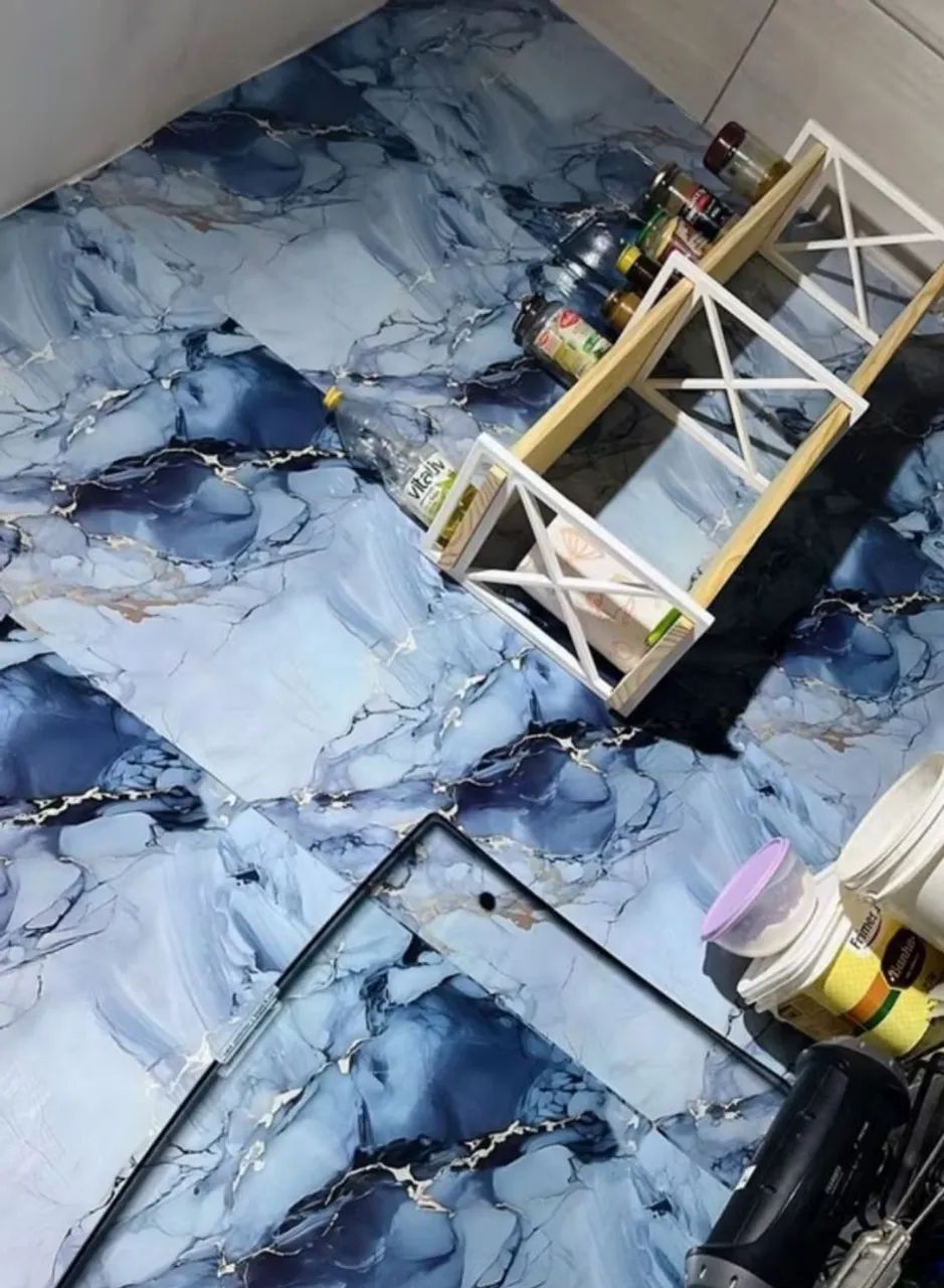 Papel de Parede Adesivo Mármore Azul Dourado  - Foto 3