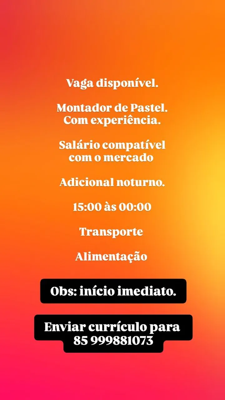 Vaga para Aux de Montador de Pastel 