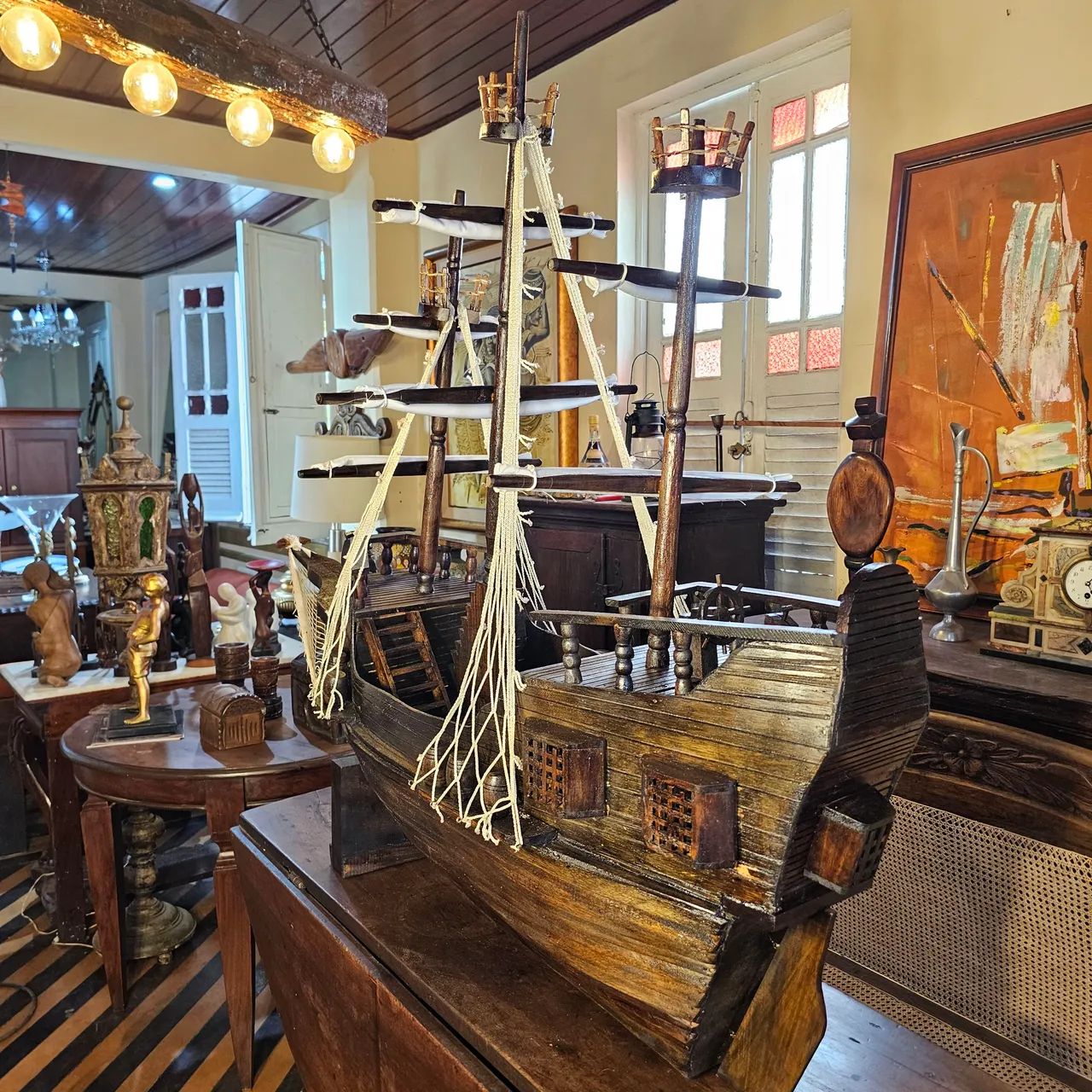 Antiguidades, caravela enorme de madeira , decoração reliquia  - Foto 2