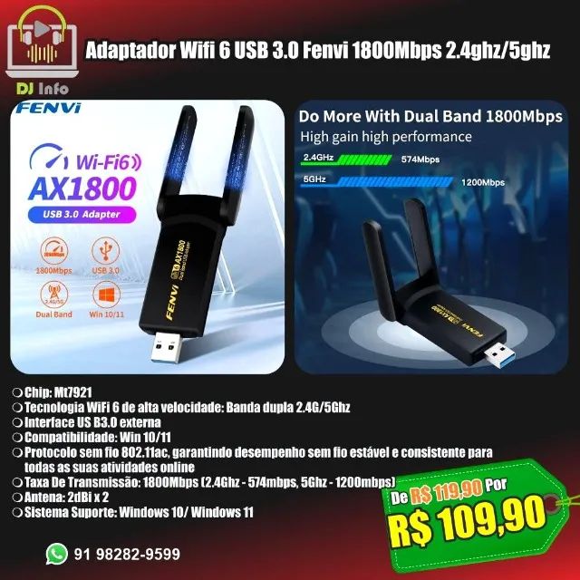 Adaptador Wifi 6 USB 3.0 Fenvi 1800Mbps 2.4ghz 5ghz
