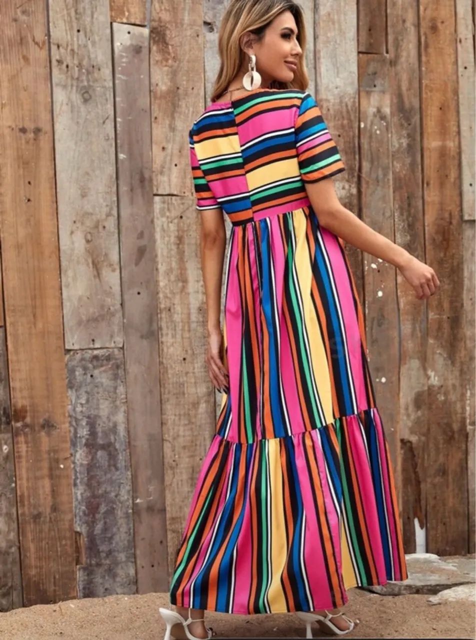 Vestido Longo Listrado Colorido - Foto 2