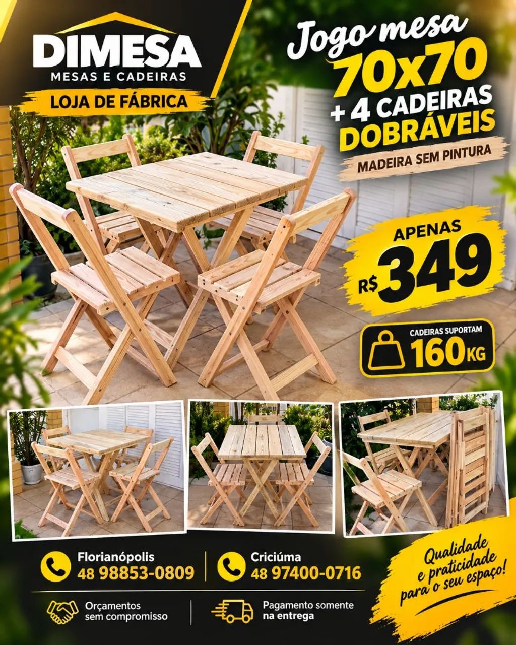 MESA 70x70 + 4 CADEIRAS DOBRÁVEIS ? MADEIRA MACIÇA | - Foto 2