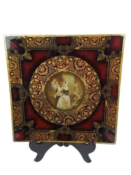 PRATO DECORATIVO ESPANHOL EM VIDRO VINTAGE - PEÇA RARA COM SUPORTE 41,5CM