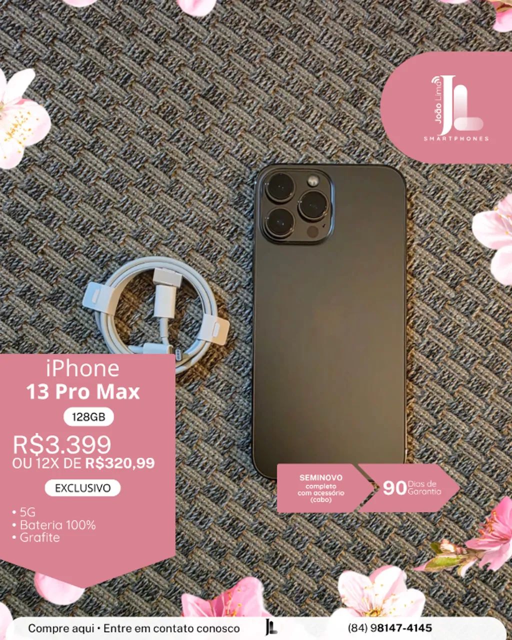 IPHONE 13 PRO MAX, 128GB, GRAFITE, BATERIA 100%, SEMINOVO