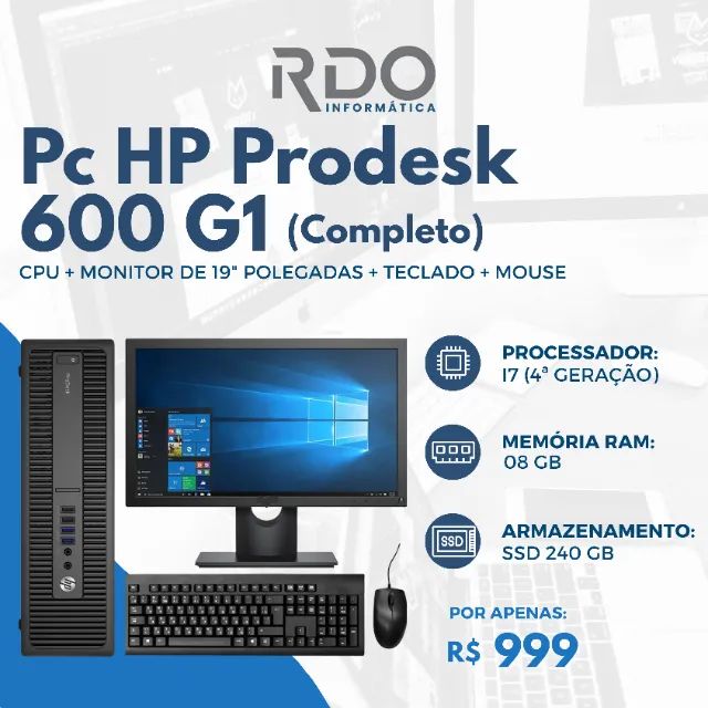 PC HP ProDesk 600 G1 i7 4ª 8GB SSD 240GB Completo c/ Monitor - Computador barato!