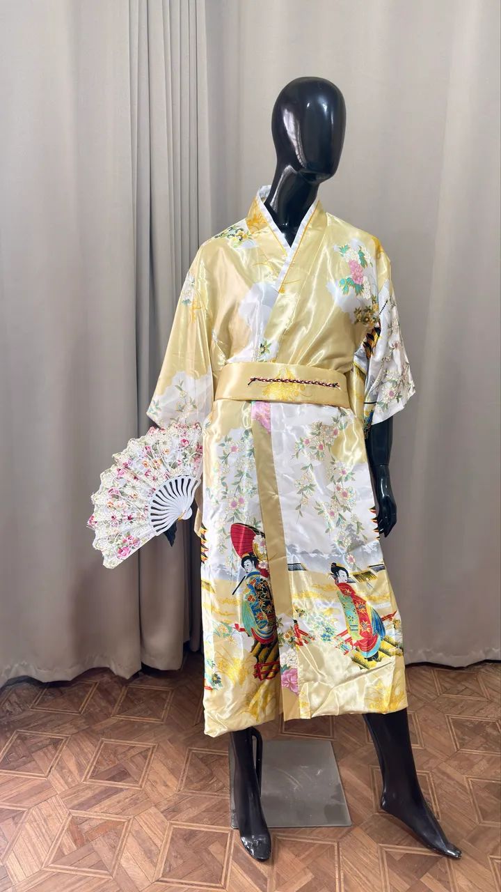 kimono longo amarelo estampado único - Foto 2