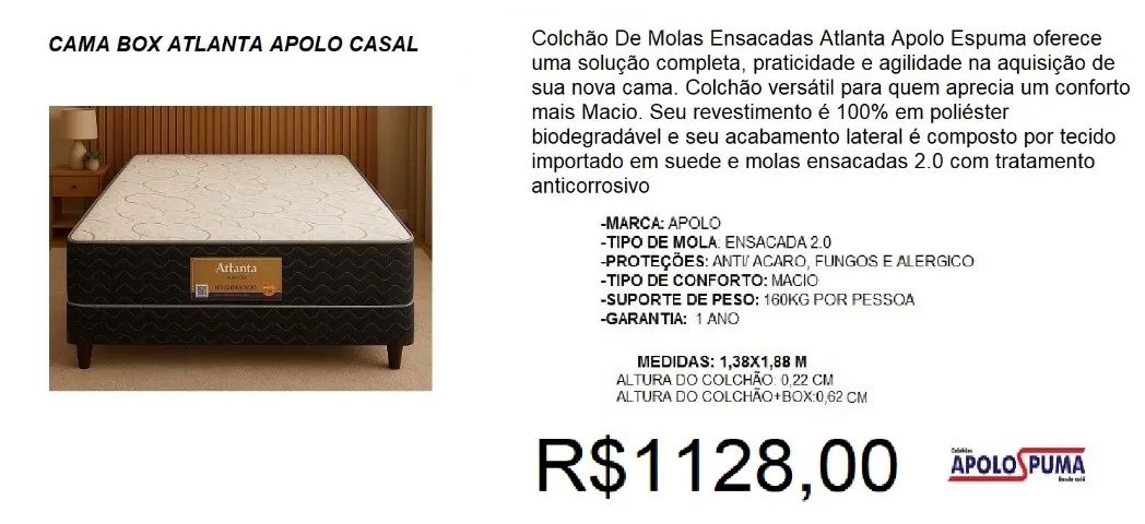 - COLCHÃO -ATLANTA + BOX- CASAL - COMPRE HOJE E RECEBA EM ATÉ 72 HORAS