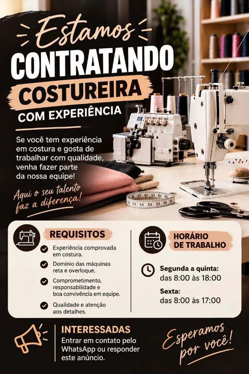 ? VAGA: COSTUREIRA COM EXPERIÊNCIA