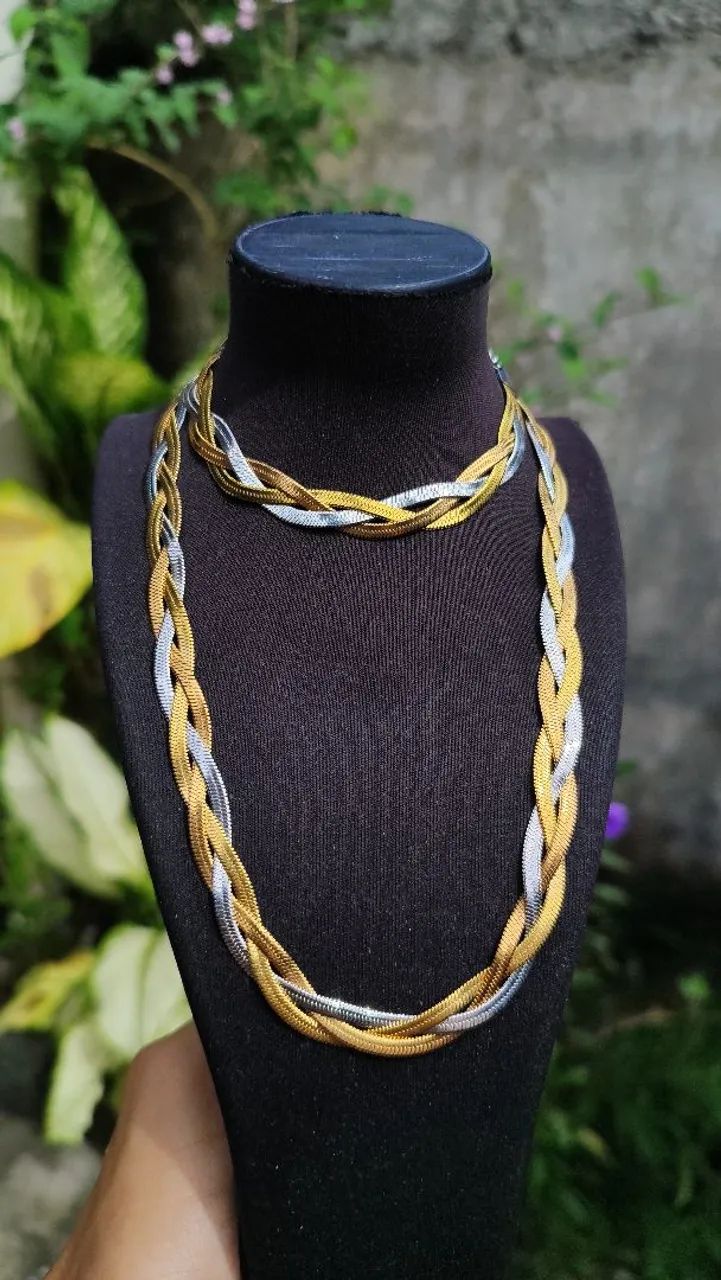 Conjunto gargantilha e pulseira trançado 3 fios aço Inoxidável 